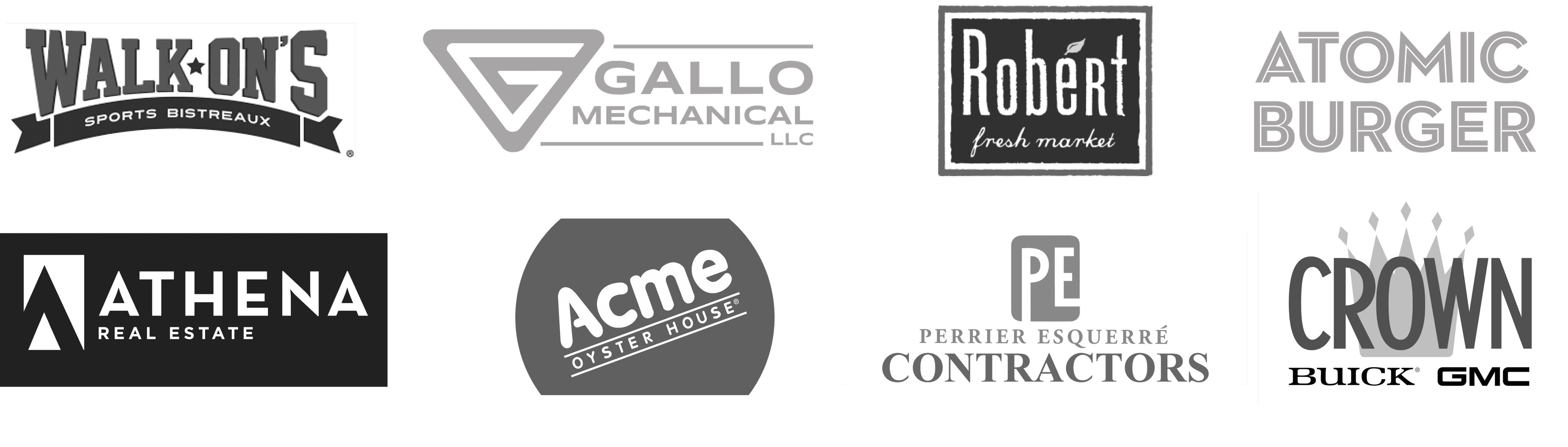 Our Brand Partners including Walk-On's, Gallo Mechanical, Robert Fresh Market, Atomic Burger, Athena Real Estate, Acme Oyster House, Perrier Esquerre Contractors, and Crown Buick GMC